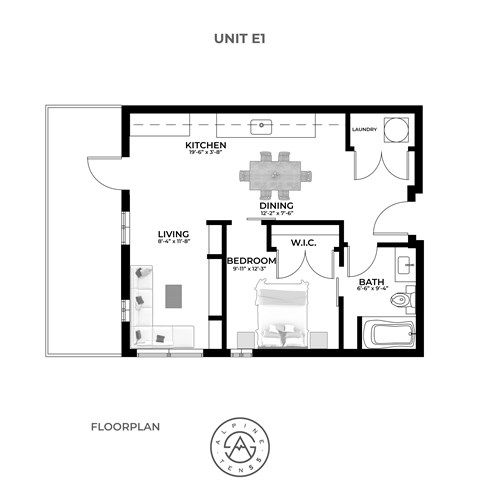 Floor plan for studio, 1 bath, 597 sqft